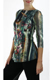 TAMMY Abstract Floral Diagonal Splice 3/4 Length Sheer Sleeves Tunic Top