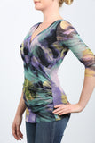 VOLGA Abstract Print Crossover Neckline Ruched Side Top