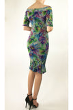 YULIA-A Off Shoulder Short Sleeve Fitted Puckered Print Dress